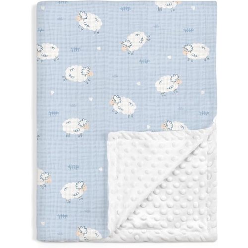 SANDJEST Little Sheep Minky Muslin & Dotted Blanket 30x40 in Gift for Holiday, Gender Reveal Party, Hospital Visit, Baptism