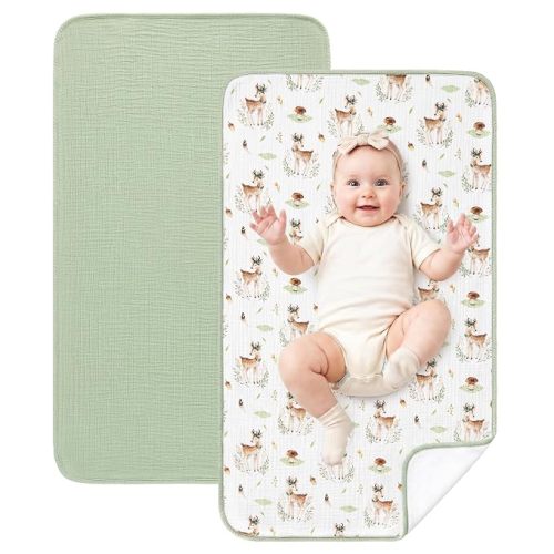 Eterish 2 Pack Waterproof Muslin Cotton Portable Changing Pad 30"x 17", Soft & Foldable Changing Pad Liner with Terry Backing, Travel Baby Changing Mat for Newborn Girls Boys