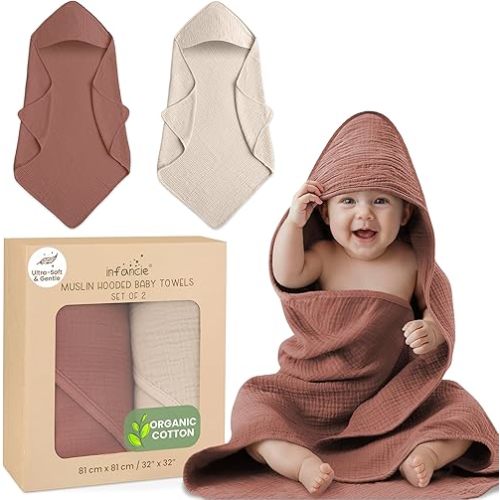 Organic Cotton Muslin Baby Hooded Towels - 32x32 Inch, 2 Pack Newborn Bath Towels for Boys & Girls, Soft & Absorbent Bath Set (Rust/Ivory)