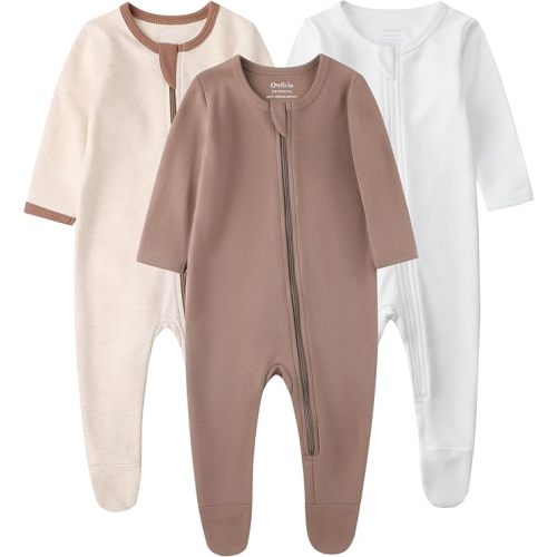 Owlivia Organic Cotton Baby Pajamas, Boys Girls 3-Pack Zip Front Sleep 'N Play, Footed Sleeper, Long Sleeve