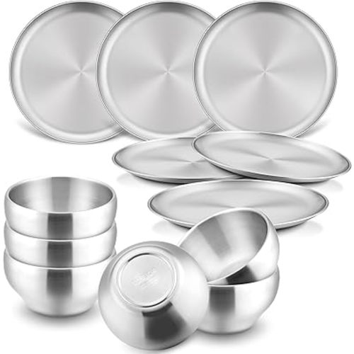 HaWare Kids Plates and Bowls, 12 Pieces Stainless Steel Dish Set, Reusable Dinnerware for Camping, Hiking, Travel, Picnic, Non-toxic Tableware set for Kids Self-feeding, Dishwasher Safe