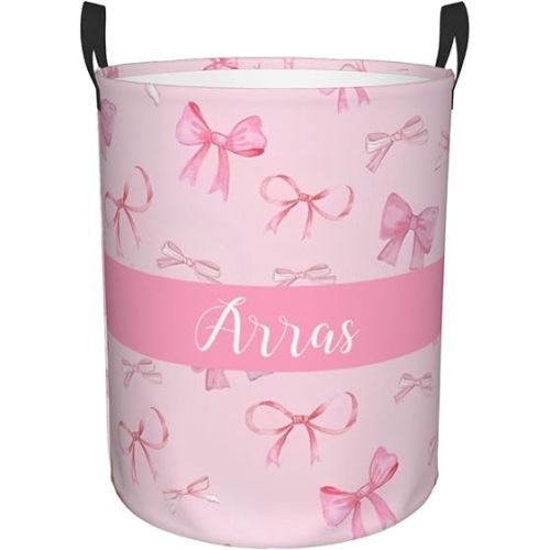 Personalized Laundry Basket for Nursery, Custom Nursery Laundry Hamper with Name, Customize Baby Clothes Circular Hamper for Boys Girls Room Decor, Pink Bows