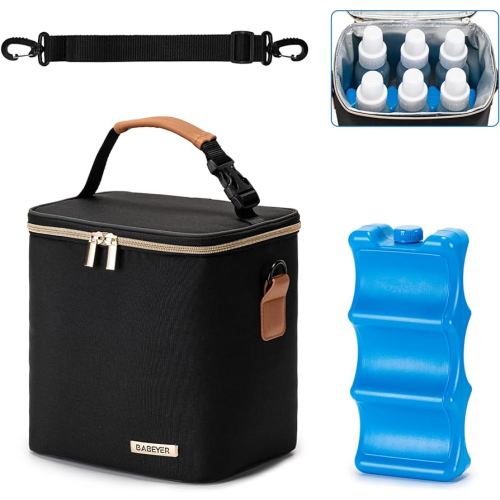BABEYER Breastmilk Cooler Bag with Ice Pack Fits 6 Baby Bottles Up to 9 Ounce, Baby Bottle Bag with Shoulder Strap for Nursing Mom Daycare, Black