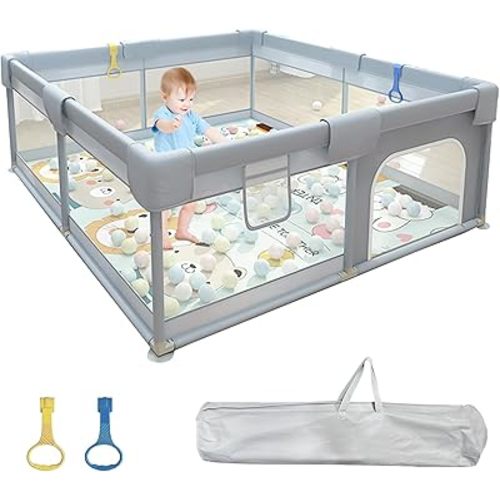 Baby Playpen, 127x127x66CM Baby Playard, Playpen for Toddler with Zip Gate, Indoor & Outdoor Kids Activity Center, Safety Play Yard with Soft Breathable Mesh, Grey(No Mat)