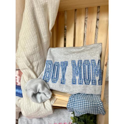 Customizable Boy Mom Embroidered Sweatshirt, Blue Gingham applique Sweatshirt, Trendy Crewneck for Her, Gift for Mom, Aesthetic Sweatshirt