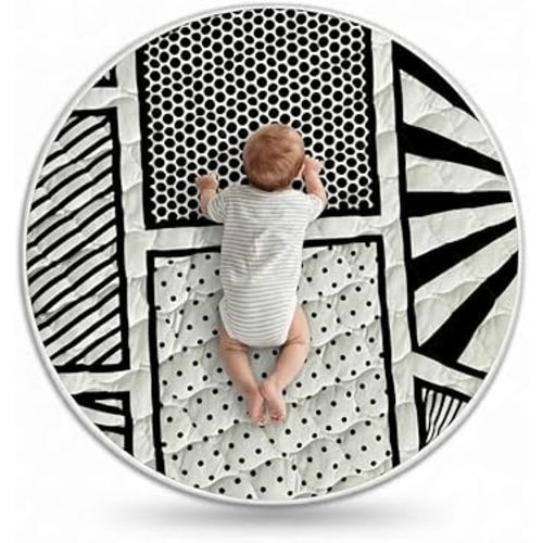Byrd & Blume Reversible Round Baby Play Mat – Black & White Print/Solid Gray