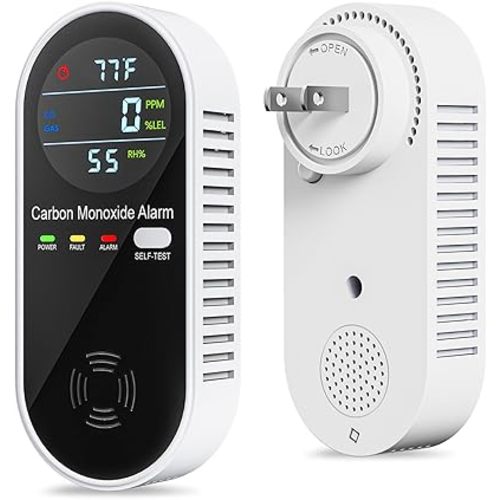 Portable Carbon Monoxide Detectors Plug in 4-in-1 Gas Detector for Home, RV, Hotel Room – Natural Gas & CO Alarm with Temperature & Humidity Display (1 Pack)