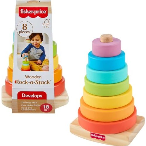 Fisher-Price Wood Toddler Toy Rock-a-Stack, 8-Piece Wooden Ring Stacking Activity for Fine Motor Skill Development Kids Ages 18+ Months