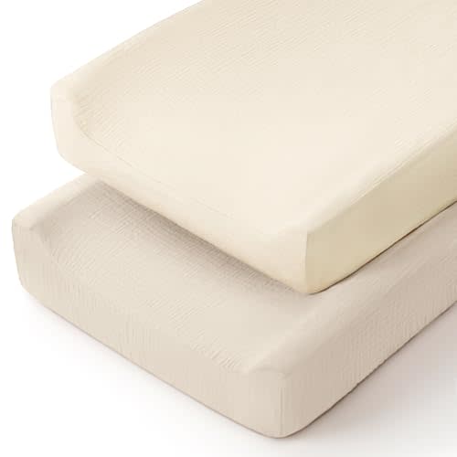 lulumoon Muslin Changing Pad Cover: 32x16 Fit Standard Rectangle Pad | Soft & Breathable Cotton Changing Table Covers  Neutral Color Diaper Sheet for Nursery & Registry Gift