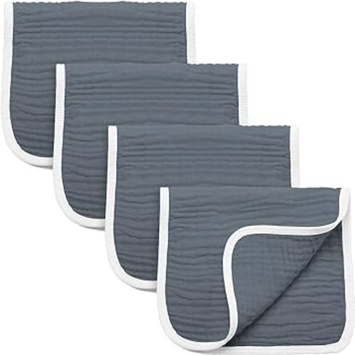 Synrroe Burp Cloths Large, Muslin Burp Cloths for Baby Girls and Boys, Pack of 4 Extra Absorbent and Soft Muslin Bibs, 6 Layers 20 by 10 Inches 100% Cotton (Dark Grey 4 Pack)