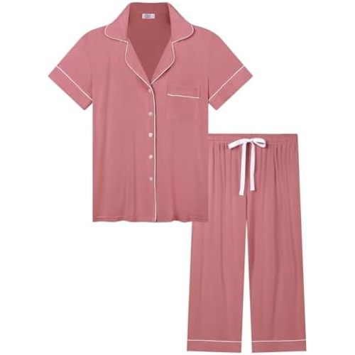 Joyaria Women Capri Pajamas Set Bamboo Viscose Pjs Short Sleeve Button Down Sleepwear