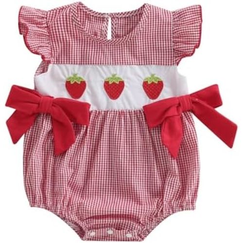 KMBANGI Baby Girl Strawberry Outfit Flutter Sleeve Strawberry Bow Smocked Romper Infant Baby Gingham Summer Clothes 0-18M