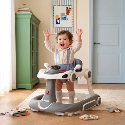 INFANS 6-in-1 Baby Walker, Converts Push Car to Bouncer, Rocker with Music, Lights, Adjustable Height & Speed, Activity Center, Canopy for 7-18 Months