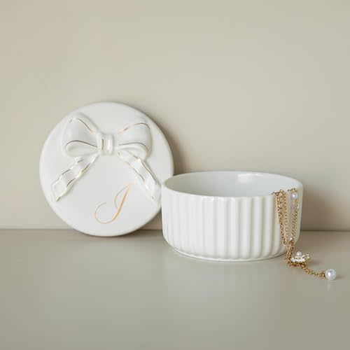 COLLECTIVE HOME Ceramic Jewelry Box with Bow, Nightstand Vanity Decor(I) | Jewelry Tray with Lid, Christmas Mother's Day Birthday Gifts for Women, Wedding, Bridal Shower, Bridesmaid Proposal Gifts