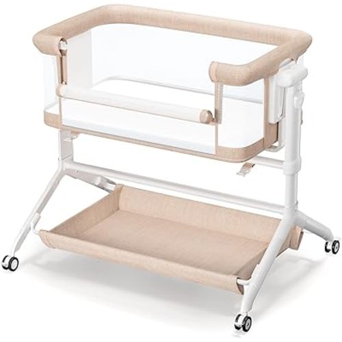 COMOMY Baby Bassinets Bedside Sleeper, 3 in 1 Baby Bassinet Bedside Crib with Mattress and Soft, Breathable Sheet, Full-Mesh Sides, 6-Height Adjustable, Easy Folding Portable Crib for Newborn Infants