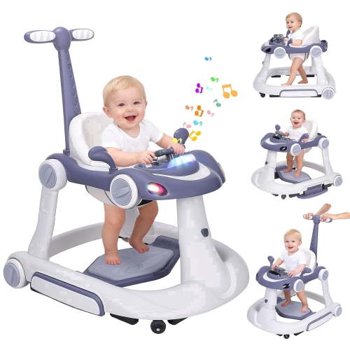 PRVAETU, 5 in 1 Baby Walker, Foldable, Music, Push, Blue