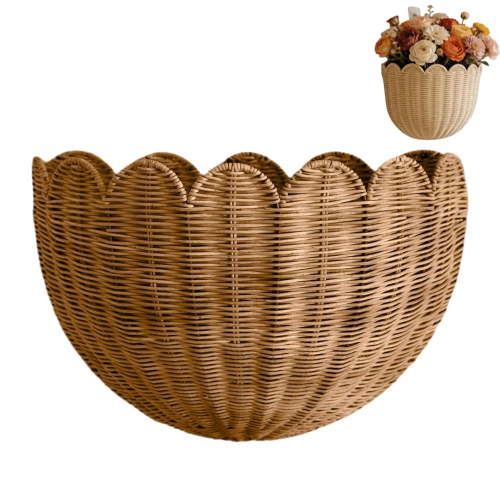 Scalloped Wicker Wall Basket – Hand Woven Scalloped Décor Wall Hanging Basket, Rattan Wall Basket for Home Organization, Mocca Color, Farmhouse Boho Decor