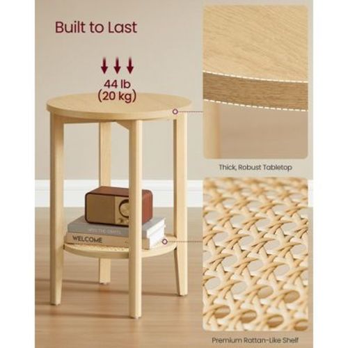 Boho 2-Tier Round Side Table - Rattan-Look Nightstand with Storage Shelf for Bedroom/Living Room, Space-Saving