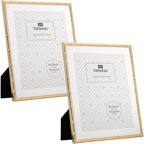 Gold Metal Bamboo Detail Picture Frame with Acid Free Mat for 8x10'' Set of 2, Elegant Narrow Plated Photo Frames 5x7'' With Velvet Backing for Desktop and Wall Décor