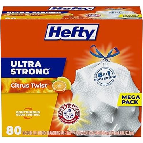 Hefty Ultra Strong Tall Kitchen Trash Bags, 13 Gallon Citrus Twist Scent, 80 Count (Pack of 1), White