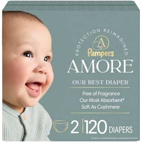 Pampers Amore, Size 2 (10-22 lbs), 120 Count, Our Best Diaper – Hypoallergenic & Fragrance Free, Up to 100% Leakproof, Soft as Cashmere