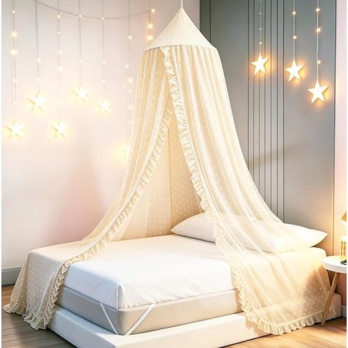Mengesi Bed Canopy with Pom Pom- Lace Chiffon Canopy Bed Curtains, Ruffles Princess Reading Nook Play Tent for Girls Room (Ivory)