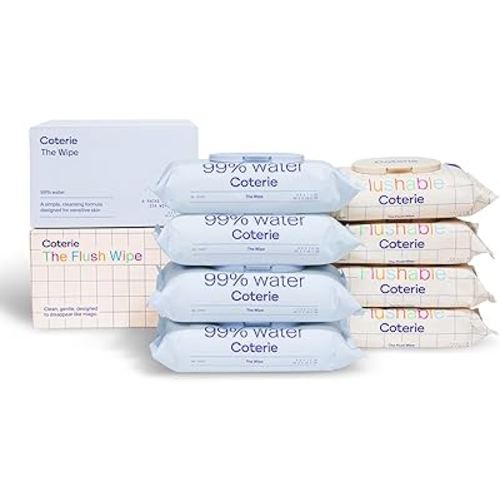 Coterie Baby Wipes & Flushable Toddler Wipes Set | 4 Packs Baby Wipes (224ct) + 4 Packs Flushable Toddler Wipes (224ct) | Hypoallergenic, Safe for Sensitive Skin, 99% Water, Plant-Based, Eczema Safe