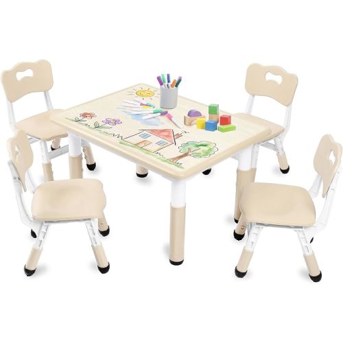 Kinder King Kids Table & 4 Chairs Set, Adjustable Heights, Beige | Graffiti Tabletop, Children Activity Table, Studying, Drawing, Toddler Furniture Set for Playroom, Daycare, Home, Age 3+