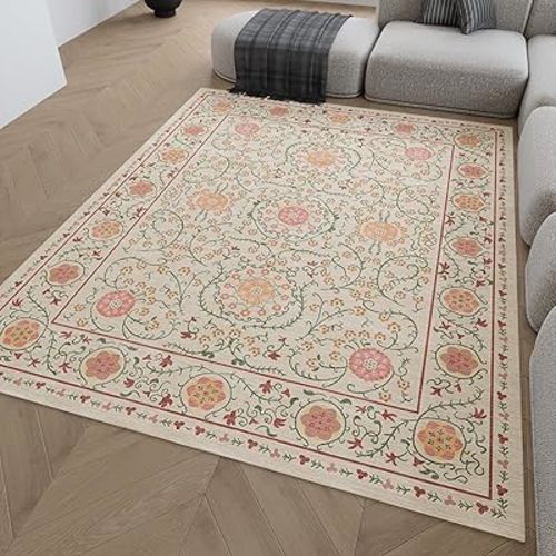 Vintage Floral Area Rug 8x10 Beige and Pink Machine Washable Rug, Ornamental Faux Wool Carpet