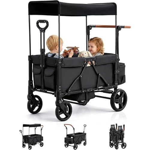 Foldable Wagon Stroller for 2-Seat with Canopy & Storage Bag Black