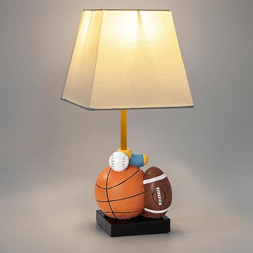Kids Table Lamp, 14-Inch Bedside Lamp Adorable Football, Basketball, Hockey, and Baseball Design with Cute Shade - Ideal for Bedroom Decor, Includes LED Bulb