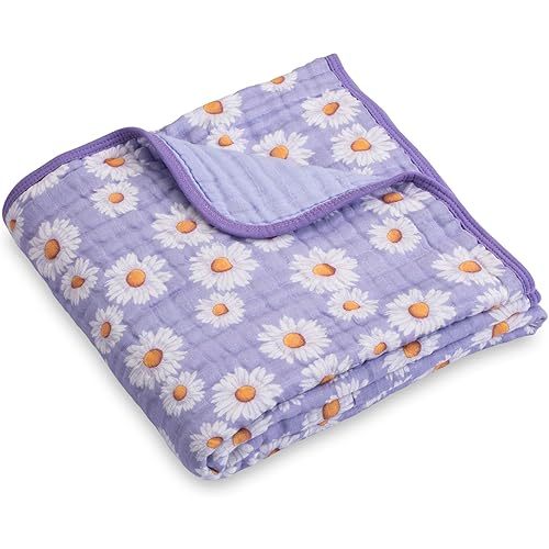 LollyBanks Muslin Baby Blanket 100% Cotton, Muslin Quilt Lightweight, Muslin Blanket for Girls, 6 Layers Baby Blankets 47"x 47", Soft Nursery Receiving Blankets Baby Essentials (Daisy Print)