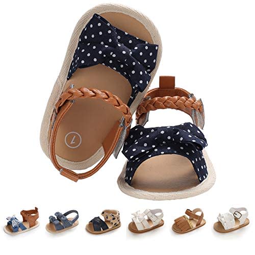 EAU LAYAMEN Baby Girl Sandals Summer Crib Shoes Bowknot Soft Sole Infant Girls Princess Dress Flats First Walker Shoes B-dot Blue, 6-12 month