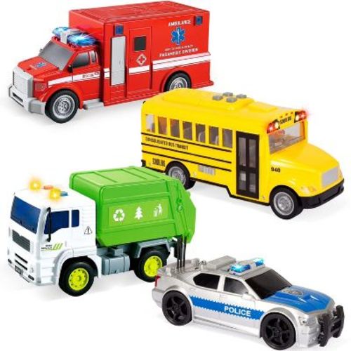 Joyfy 4 Pcs 7" Vehicle Toy Set, Car Toys Including Police Car, School Bus, Garbage Truck, Ambulance, Birthday Gifts Toys for Boys 3 4 5 6 Years