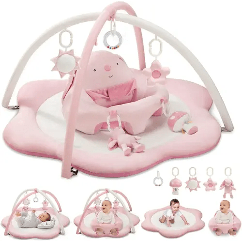 3-in-1 Baby Play Mat, Baby Seats for Infants for Sitting Up, Tummy Time Mat with 5 Detachable Toys, Activity Gym & Playmats for Babies 0-6 6-12 Months, Newborn Babies Shower Gifts