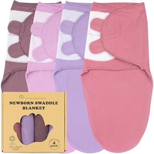 Newborn Swaddle Blanket 4-Pack, S/M 0-3 Months, GOTS Certified Organic Cotton, Adjustable Hook-and-Loop Wrap, Soft Breathable Sleep Sack, Reduces Startle Reflex for Boys & Girls