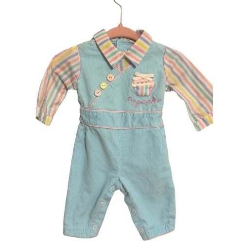 Vintage Style Baby Girls Cupcake Romper Blue Pastel Stripes Long Sleeve 0-3M?