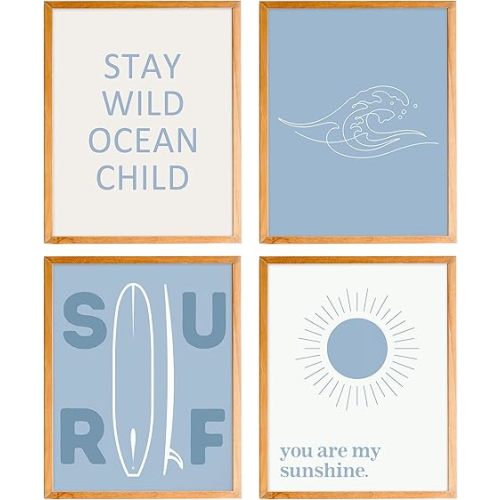 BearCake Ocean Nursery Wall Art Set of 4 UNFRAMED - Coastal Summer Beach Ocean Wall Decor for Toddler Kids Boys Girls Room Playroom, You are My Sunshine Wall Decor, 8x10 Inches blue