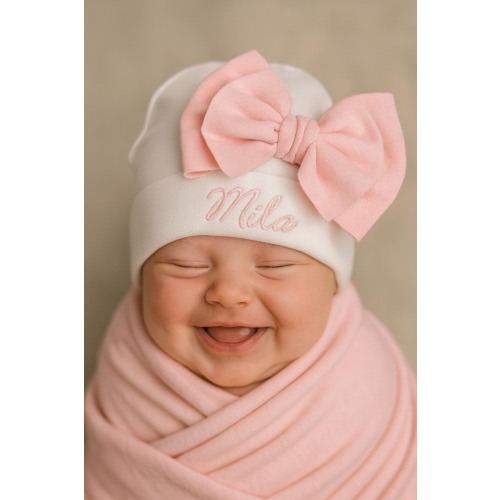 Baby gril custom name hat, newborn hat with bow, newborn girl gift, coming home gift, going home, baby girl hospital hat, pink baby girl