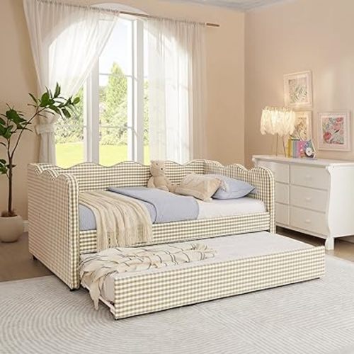DEINPPA Twin Size Upholstered Daybed with Trundle, Gingham Daybed with USB Ports for Bedroom Living Room Guest Room-Brown