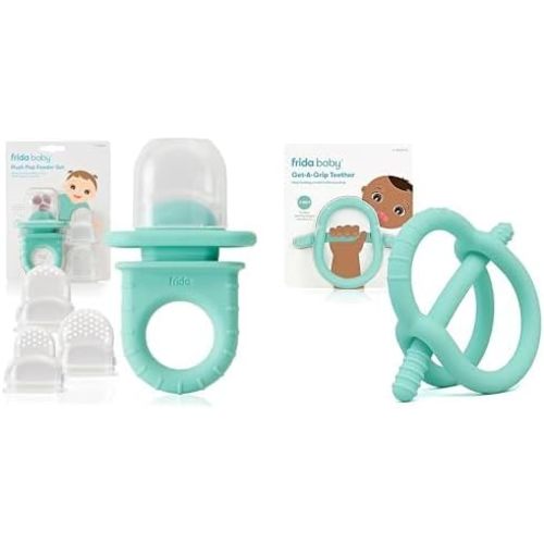 Frida Baby Push Pop Feeder, Baby Fruit Feeder + Get-A-Grip Teether Teething Toy | 100% Food-Grade Silicone Food Pacifier & Teether Toy for Baby 0-6, 12, 18 Months Infant, (Teal)
