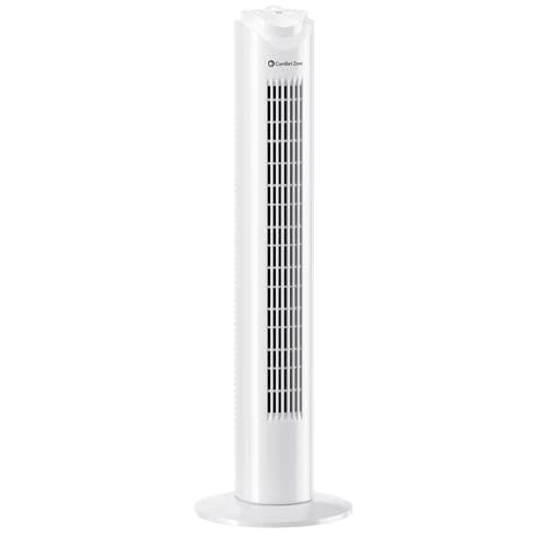 Comfort Zone 32-Inch Oscillating Tower Fan – Ultra-Slim Bladeless Design with 3 Speeds, 90° Wide Oscillation & Built-in Carry Handle – Quiet Portable Standing Fan for Bedroom, Home, or Office, White