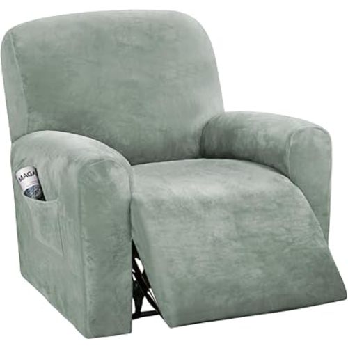 H.VERSAILTEX 4-Pieces Recliner Chair Covers Velvet Stretch Reclining Couch Covers for 1 Cushion Sofa Slipcovers Furniture Covers Form Fit Customized Style Thick Soft Washable(Small, Sea Grass)