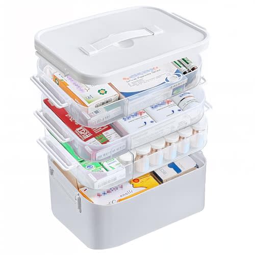 4-Tier Portable Medicine Cabinet Organizer, Large Medicine Storage Box with Handle, Plastic First Aid Box Empty, Multipurpose Medical Supply Organizer, Medication Storage with 3 Removable Tray