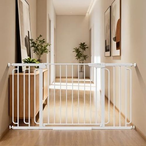 Cumbor 36.6-59" Extra Wide Baby Gate for Stairs, Auto Close Dog Gate White
