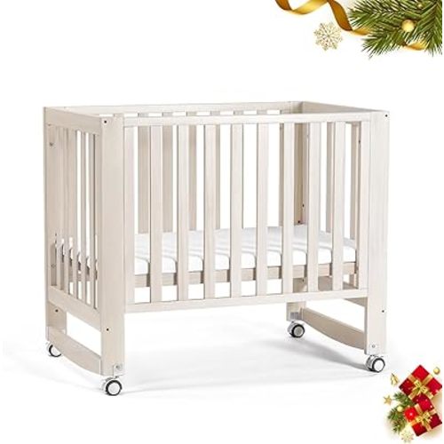 MAMAZING EvoNest Baby Crib, 6 in 1 Convertible Mini Crib with Wheels, 100% New Zealand Solid Wood Growing Bed, 4 Adjustable Mattress Height, White