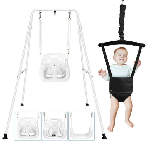 4-in-1 Toddler Swing Set, Baby Swing Seat with Foldable Metal Stand, Kids Swing Set for Indoor Outdoor Backyard, Easy to Assemble & Store