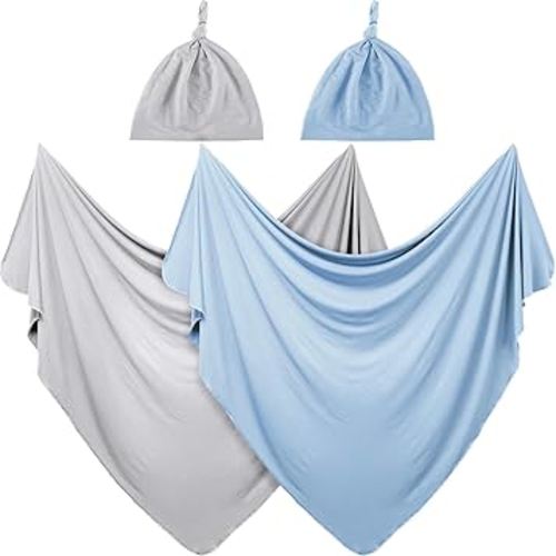 JaGely 2 Pack Baby Newborn Swaddle Blanket and Hat Set 47" x 47" Large Stretchy Receiving Blankets Set for Newborn Baby(Light Gray, Light Blue)