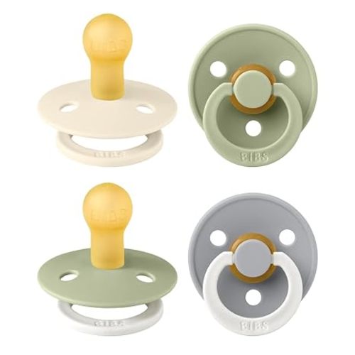 BIBS Colour Soother 4-Pack | BPA Free Dummy Pacifier | Round Nipple | Natural Rubber Latex | Made in Denmark | Size 0-6 Months | Sage Glow Mix