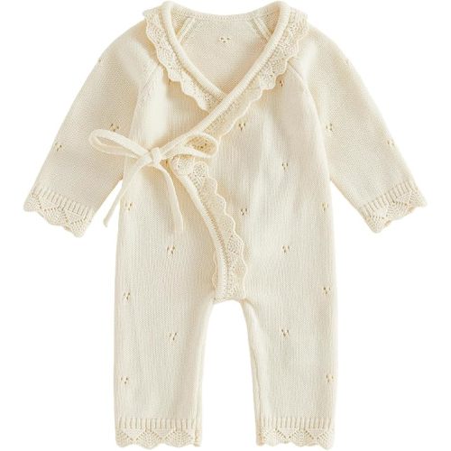 Kupretty Newborn Baby Girl Coming Home Outfit Fall Winter Clothes Wrap Side Tie Knit Sweater Romper Long Sleeve Jumpsuit (Beige, 3-6 Months)